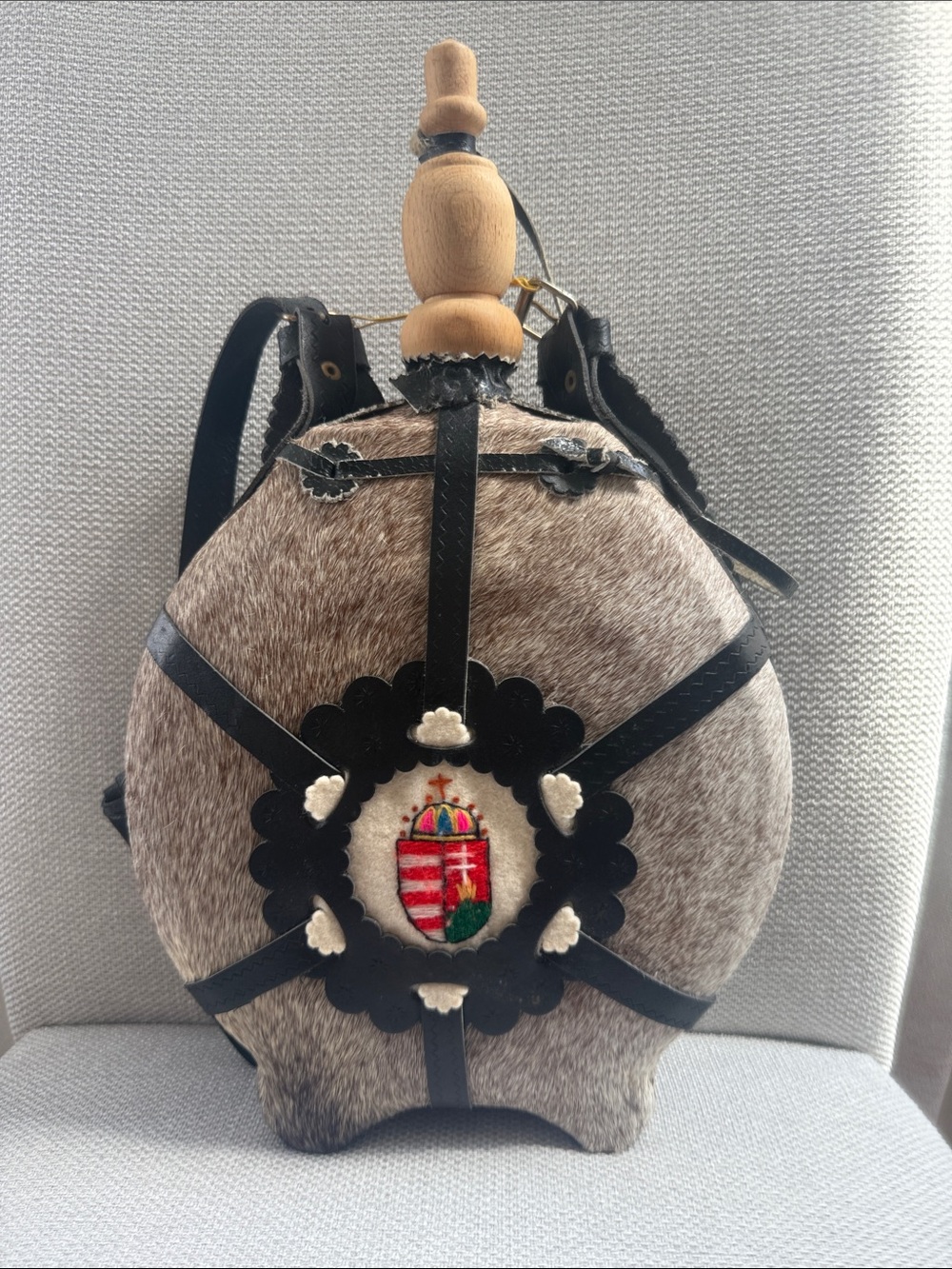 Vtg Hungarian Shepard’s Canteen - Large Folk Art Flask. Horsehair & Leather